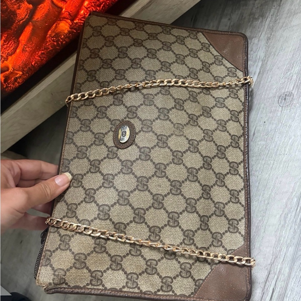 AUTH Crossbody Gucci Brown Leather Interior with Multicolor Trim Tote-Vintage - Picture 3 of 13